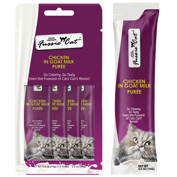 Fussie Cat Treats Chicken in Goat Milk Puree 4/0.5oz