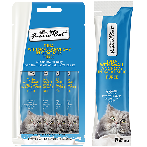 Fussie Cat Treats Tuna & Anchvy in Goat Milk Puree 4/0.5oz