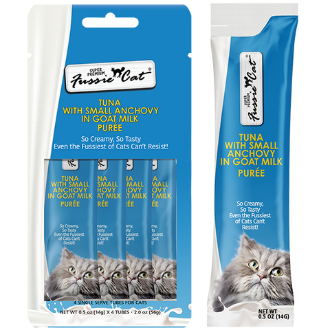 Fussie Cat Treats Tuna & Anchvy in Goat Milk Puree 4/0.5oz