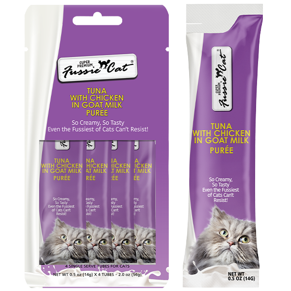 Fussie Cat Treats Tuna & Chicken in Goat Milk Puree 4/0.5oz
