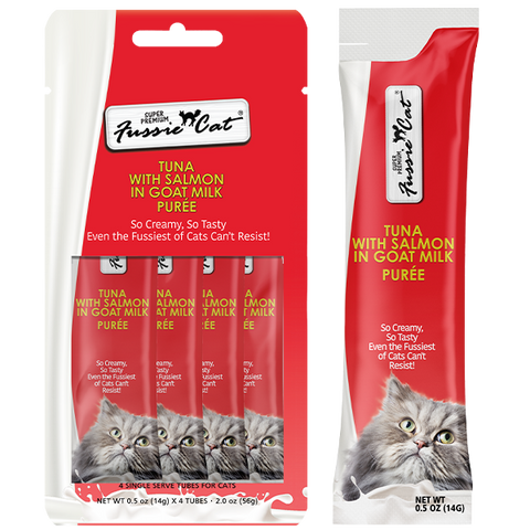 Fussie Cat Treats Tuna & Salmon in Goat Milk Puree 4/0.5oz