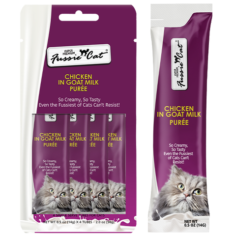 Fussie Cat Treats Chicken in Goat Milk Puree 4/0.5oz