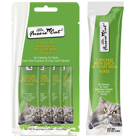 Fussie Cat Treats Chicken & Duck in Goat Milk Puree 4/0.5oz