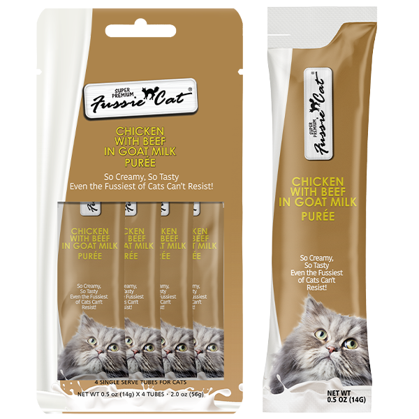 Fussie Cat Treats Chicken & Beef in Goat Milk Puree 4/0.5oz