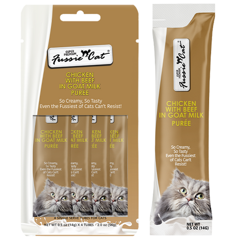 Fussie Cat Treats Chicken & Beef in Goat Milk Puree 4/0.5oz