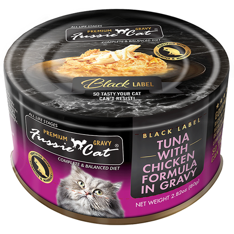 Fussie Cat Black Label Tuna w/Chicken in Gravy 24/2.82oz