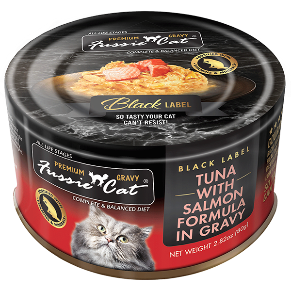 Fussie Cat Black Label Tuna w/Salmon in Gravy 24/2.82oz