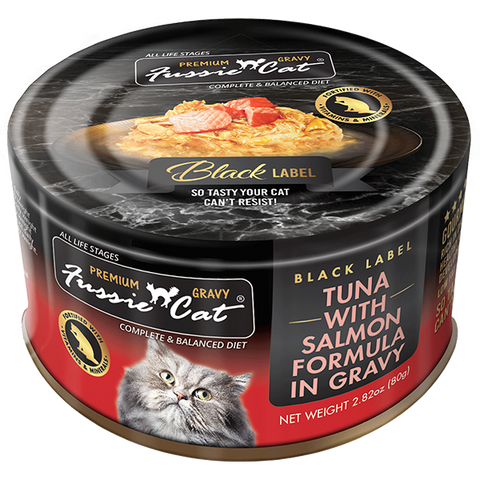 Fussie Cat Black Label Tuna w/Salmon in Gravy 24/2.82oz