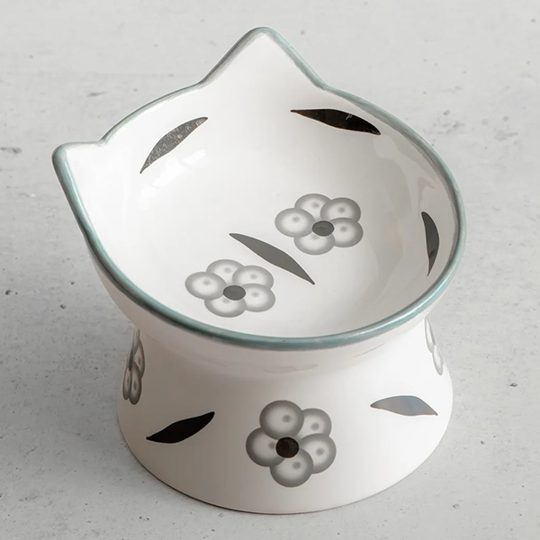 Dexypaws Cat Elevated Ceramic Bowl White&Black Floral Print
